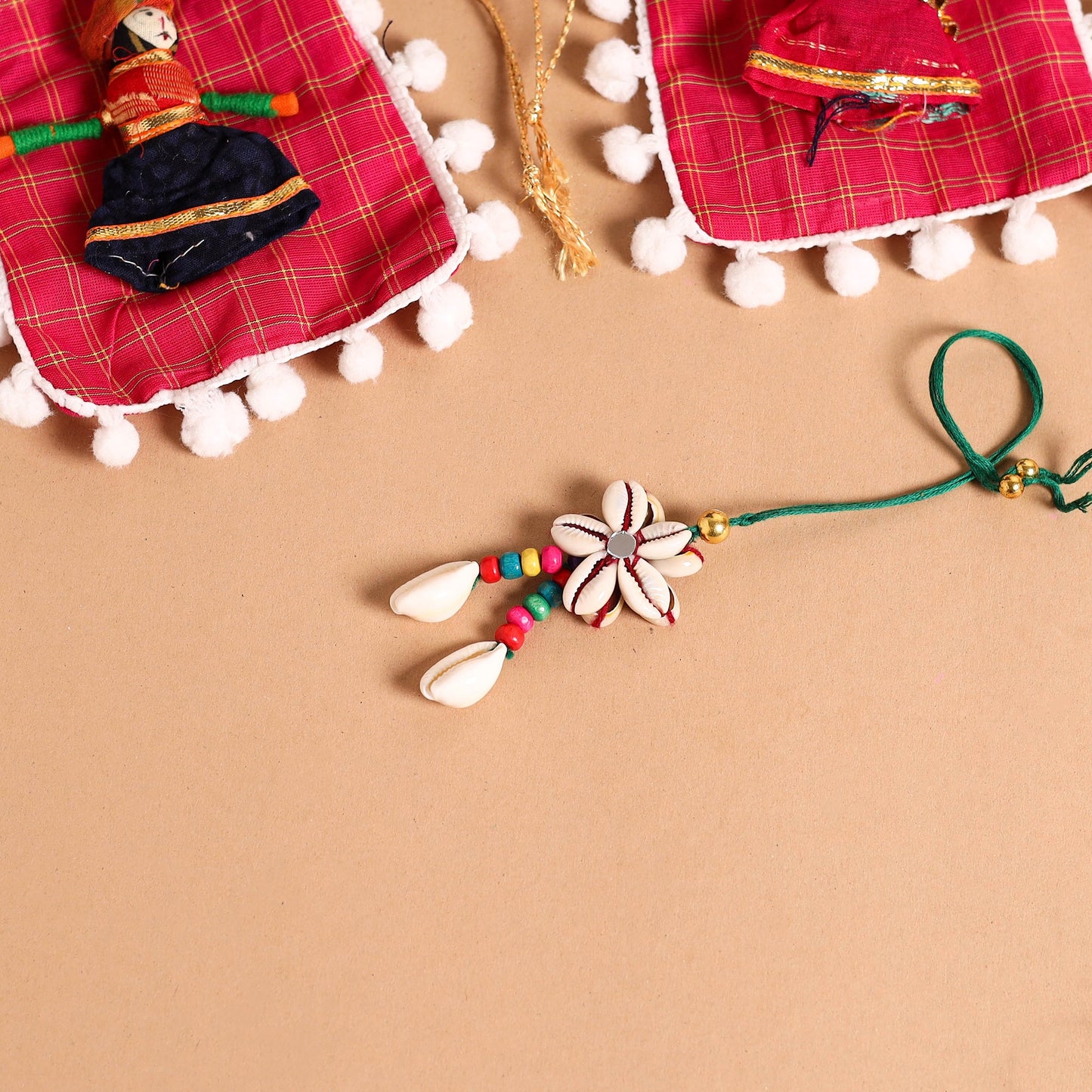  Handmade Shell & Bead Work Rakhi & Lumba Set