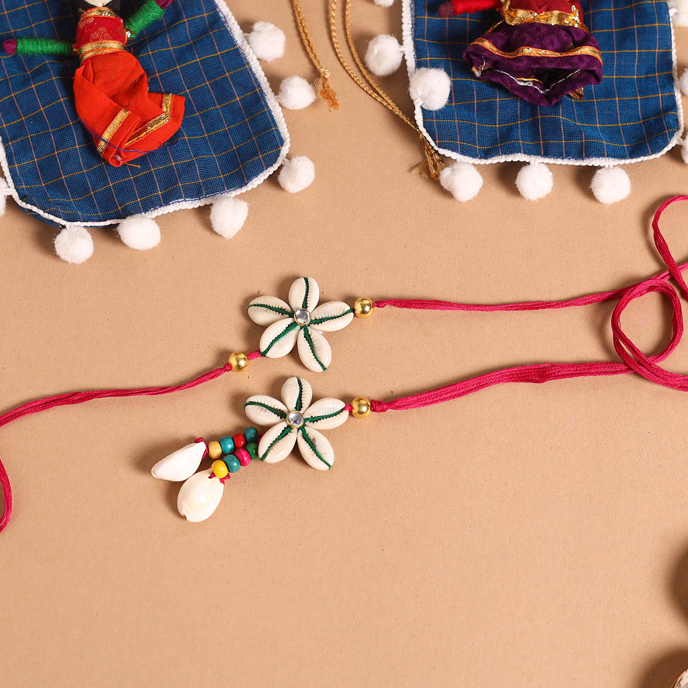  Handmade Shell & Bead Work Rakhi & Lumba Set