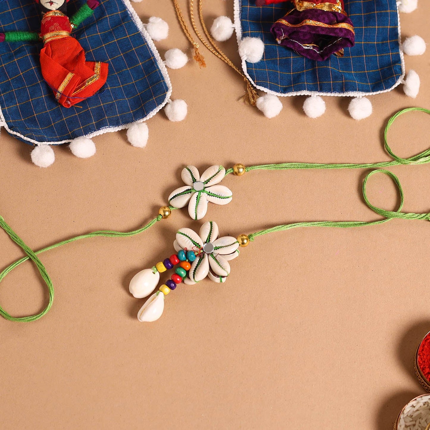  Handmade Shell & Bead Work Rakhi & Lumba Set