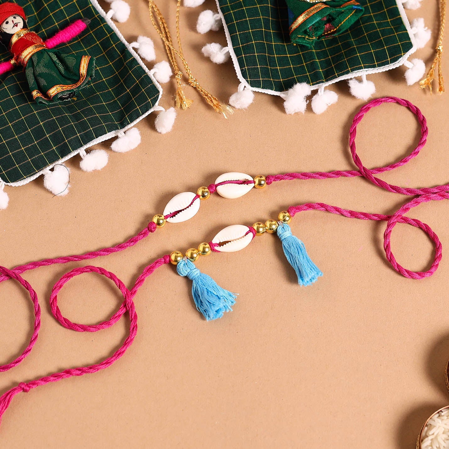  Handmade Shell & Bead Work Rakhi & Lumba Set