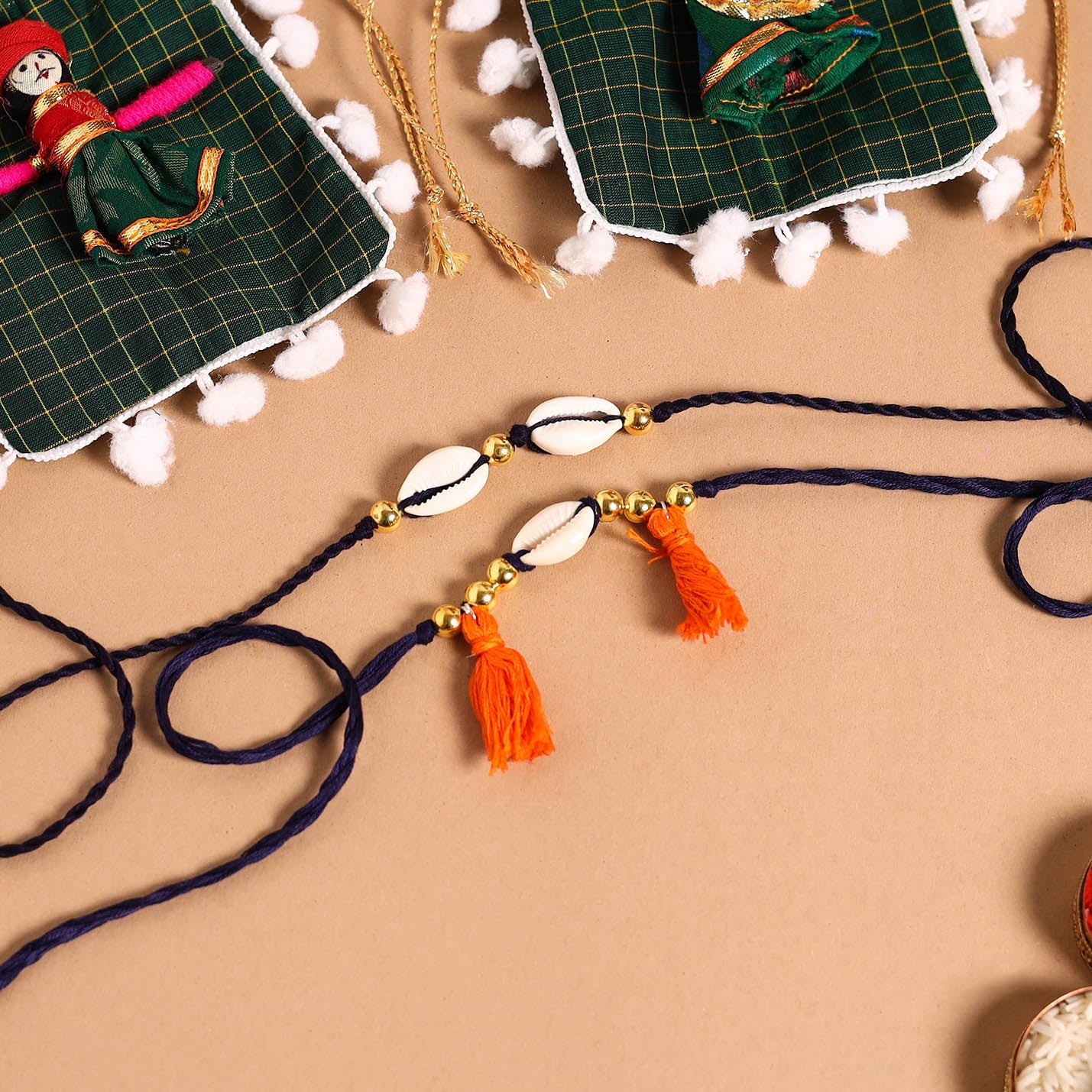  Handmade Shell & Bead Work Rakhi & Lumba Set