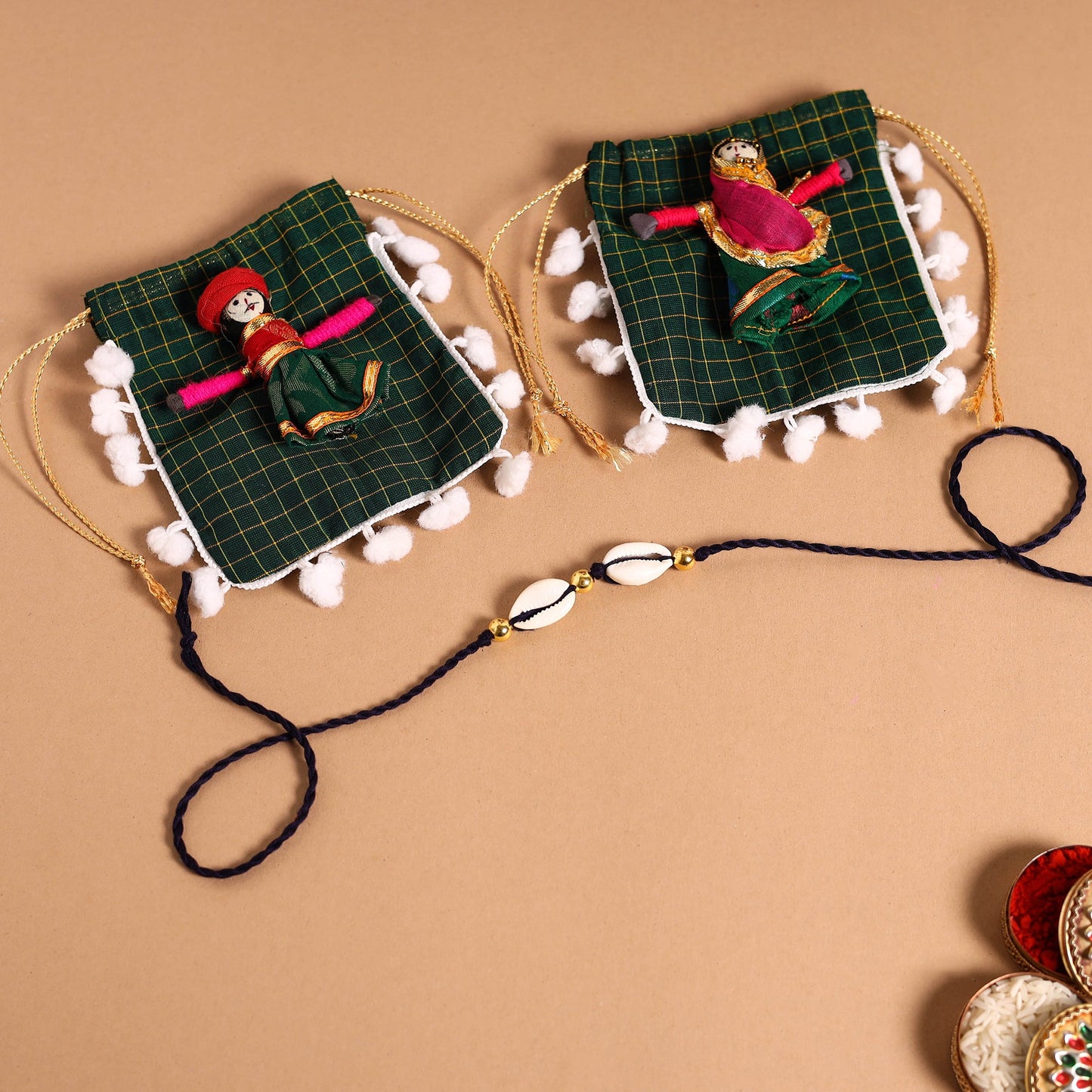  Handmade Shell & Bead Work Rakhi & Lumba Set
