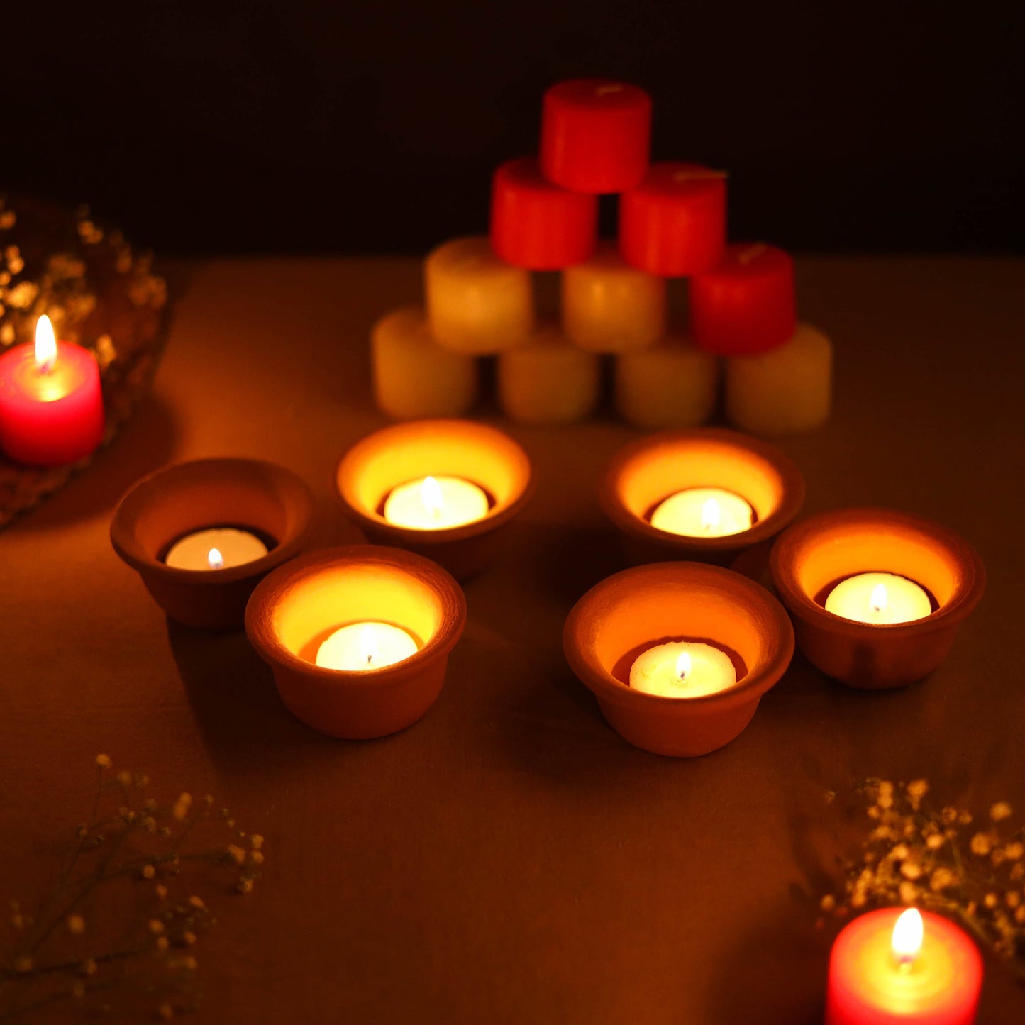 Handmade Terracotta Hat Pot Candle Holder Set of 6 with 12 Candles 