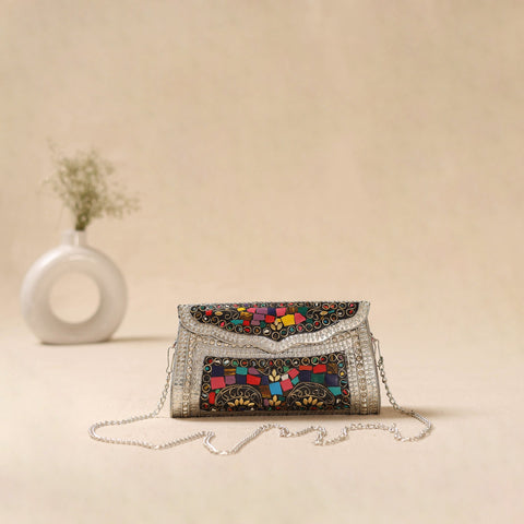 Handmade vintage metal mosaic stone clutch / sling bag 03