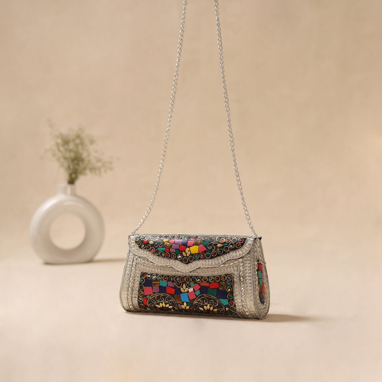 Handmade vintage metal mosaic stone clutch / sling bag 03
