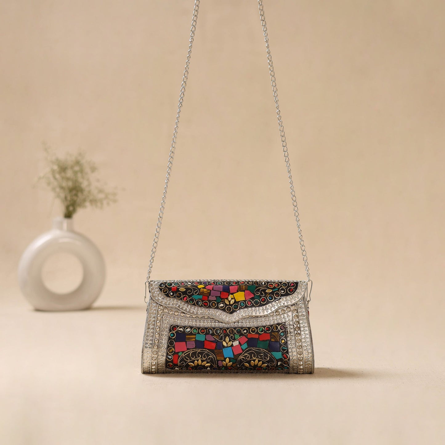 Handmade vintage metal mosaic stone clutch / sling bag 03