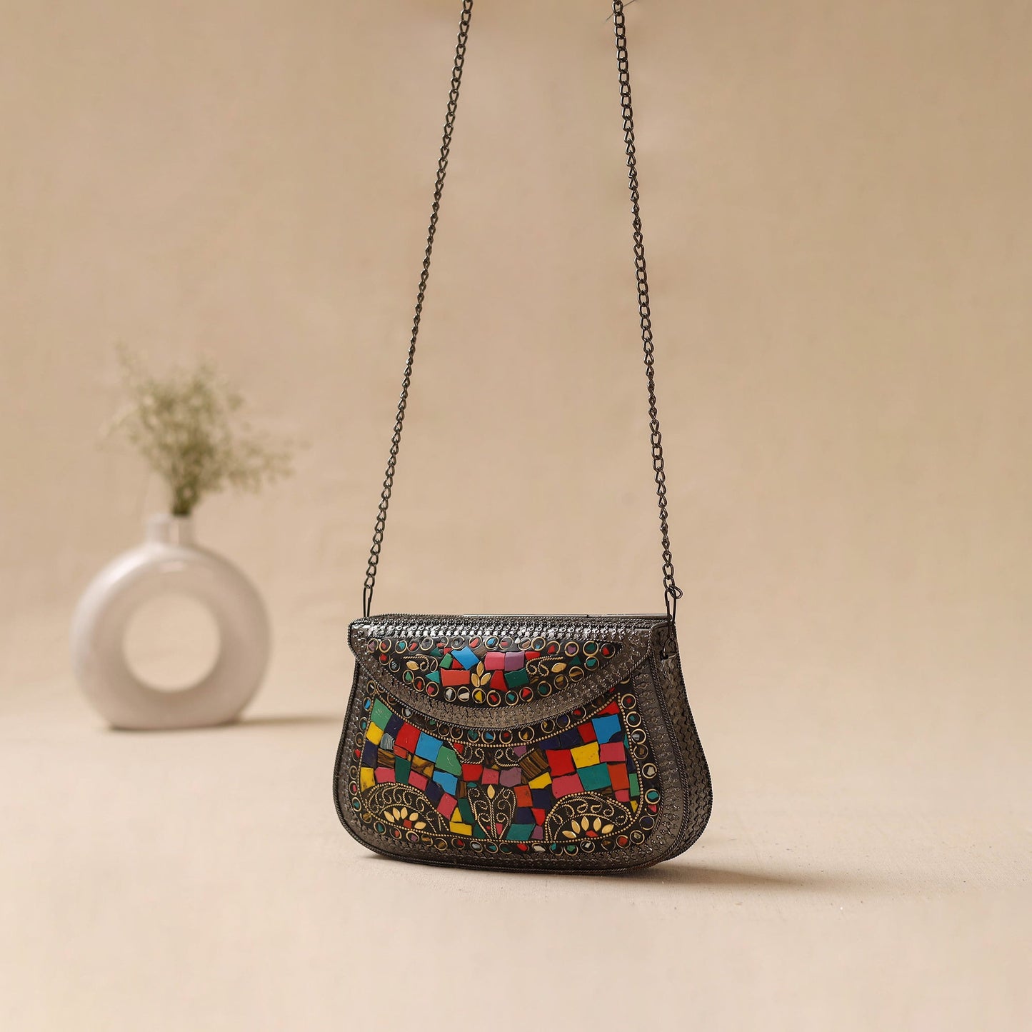 Handmade vintage metal mosaic stone clutch / sling bag 04