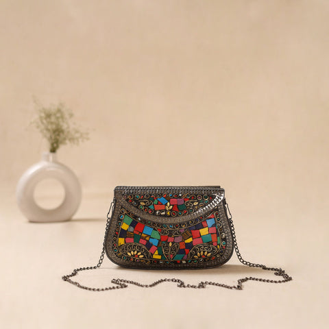 Handmade vintage metal mosaic stone clutch / sling bag 04