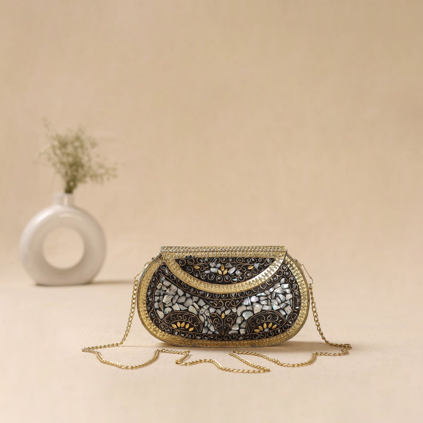 Handmade vintage metal mosaic stone clutch / sling bag 05
