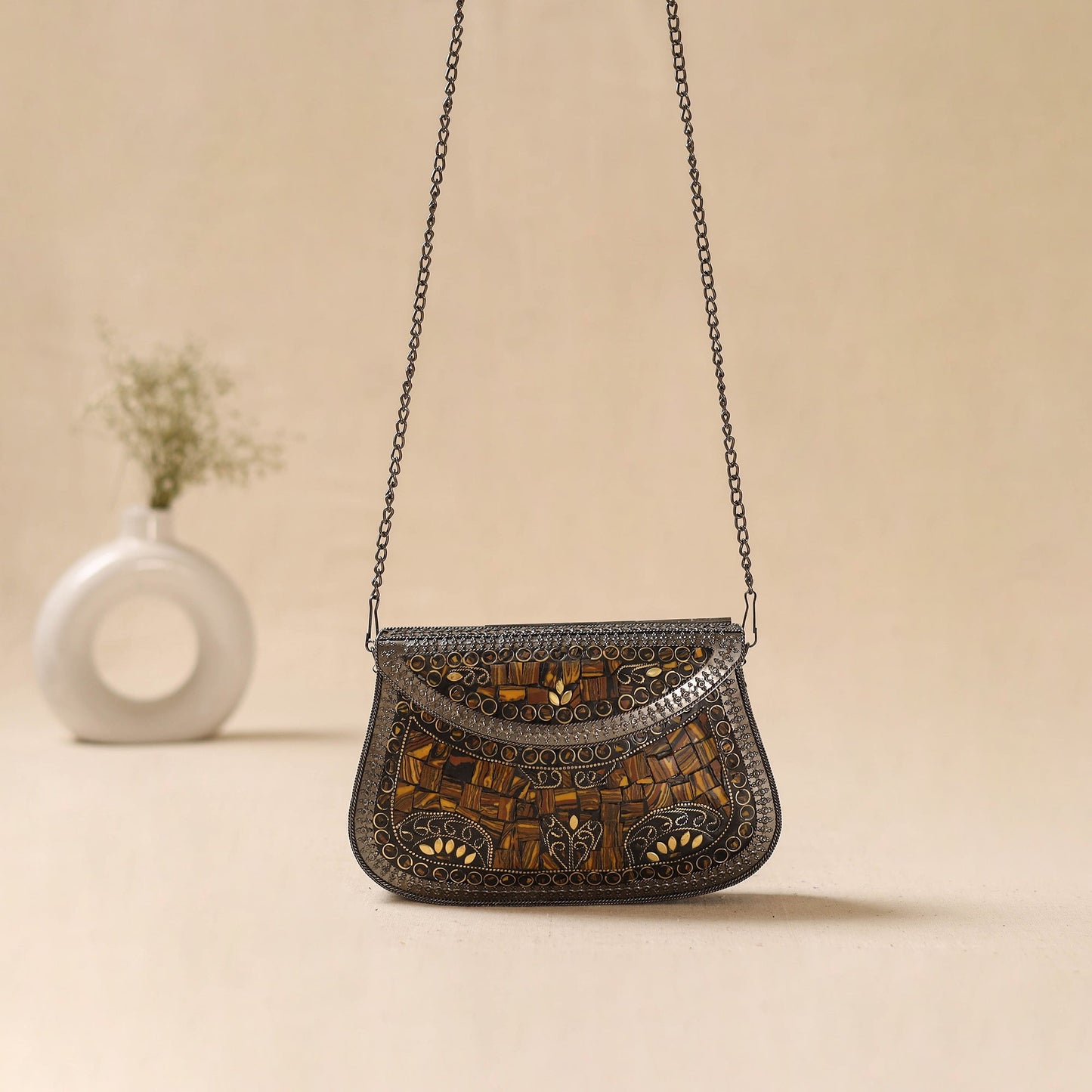 Handmade vintage metal mosaic stone clutch / sling bag 06