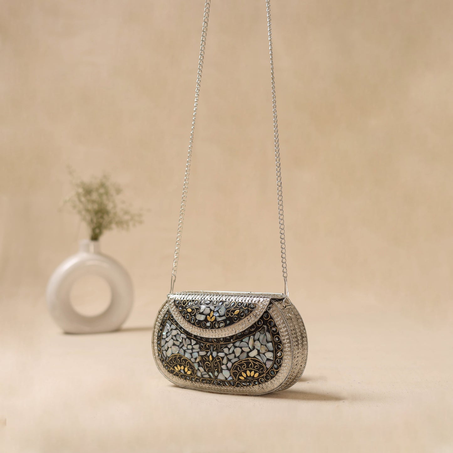 Handmade vintage metal mosaic stone clutch / sling bag 07