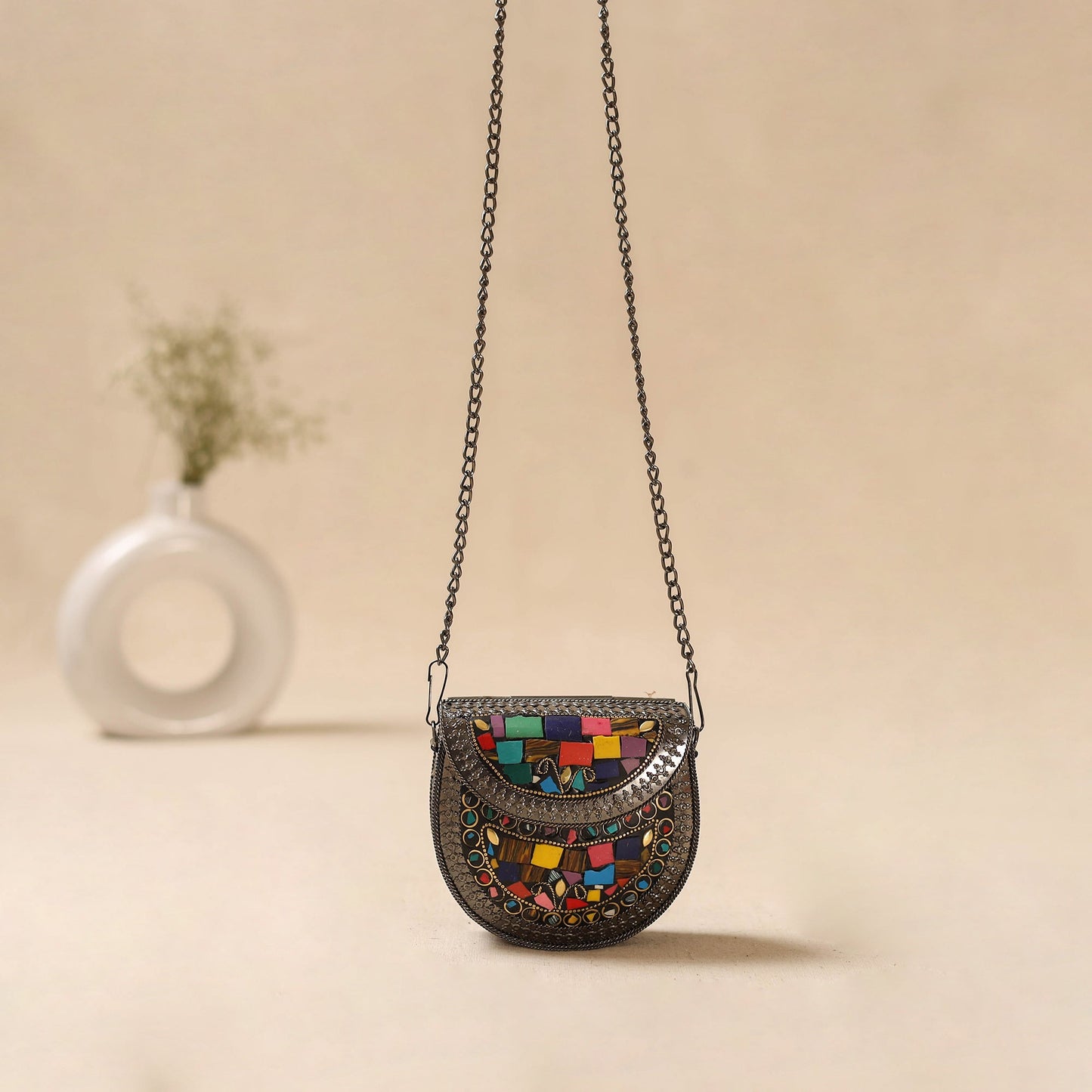 Handmade vintage metal mosaic stone clutch / sling bag 11