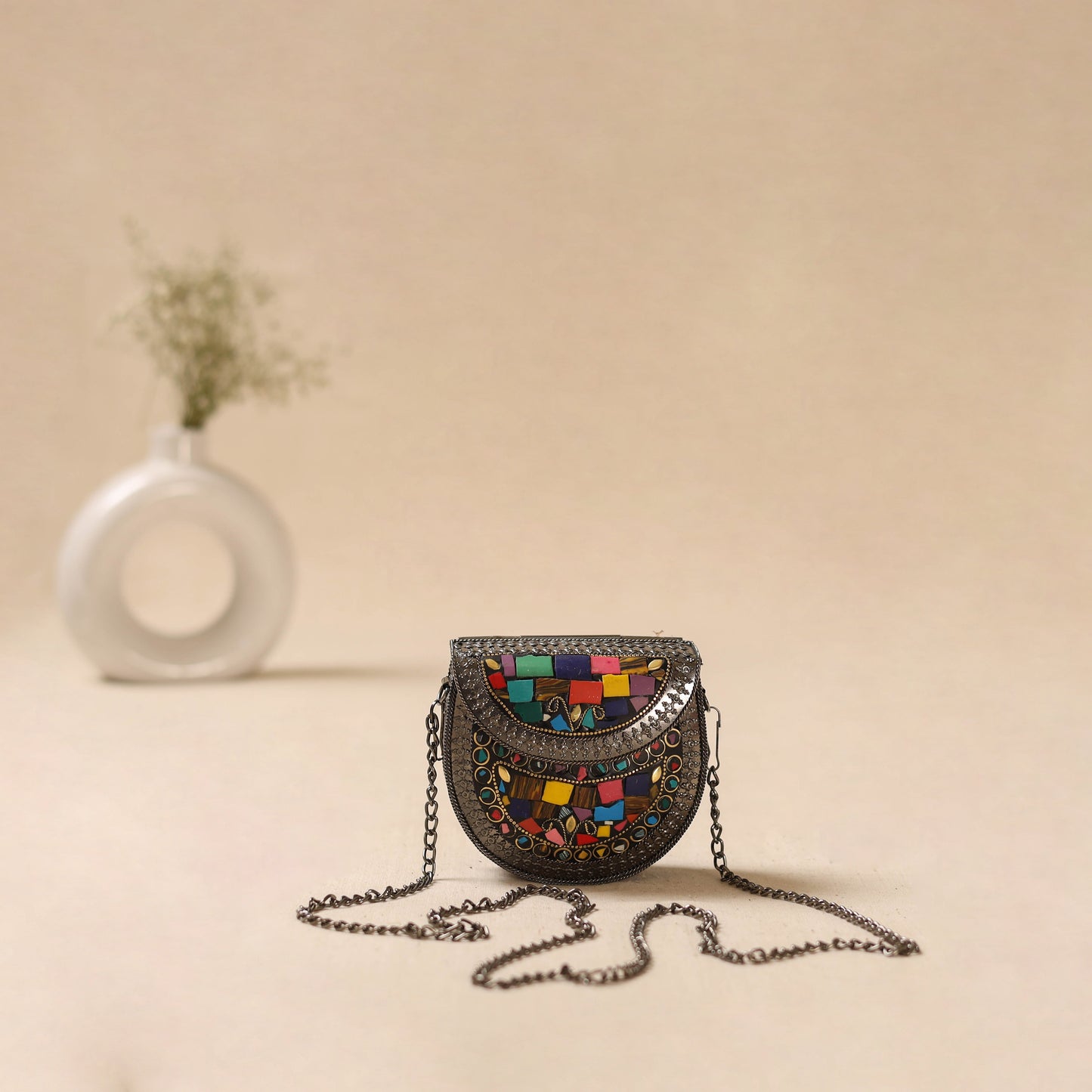 Handmade vintage metal mosaic stone clutch / sling bag 11