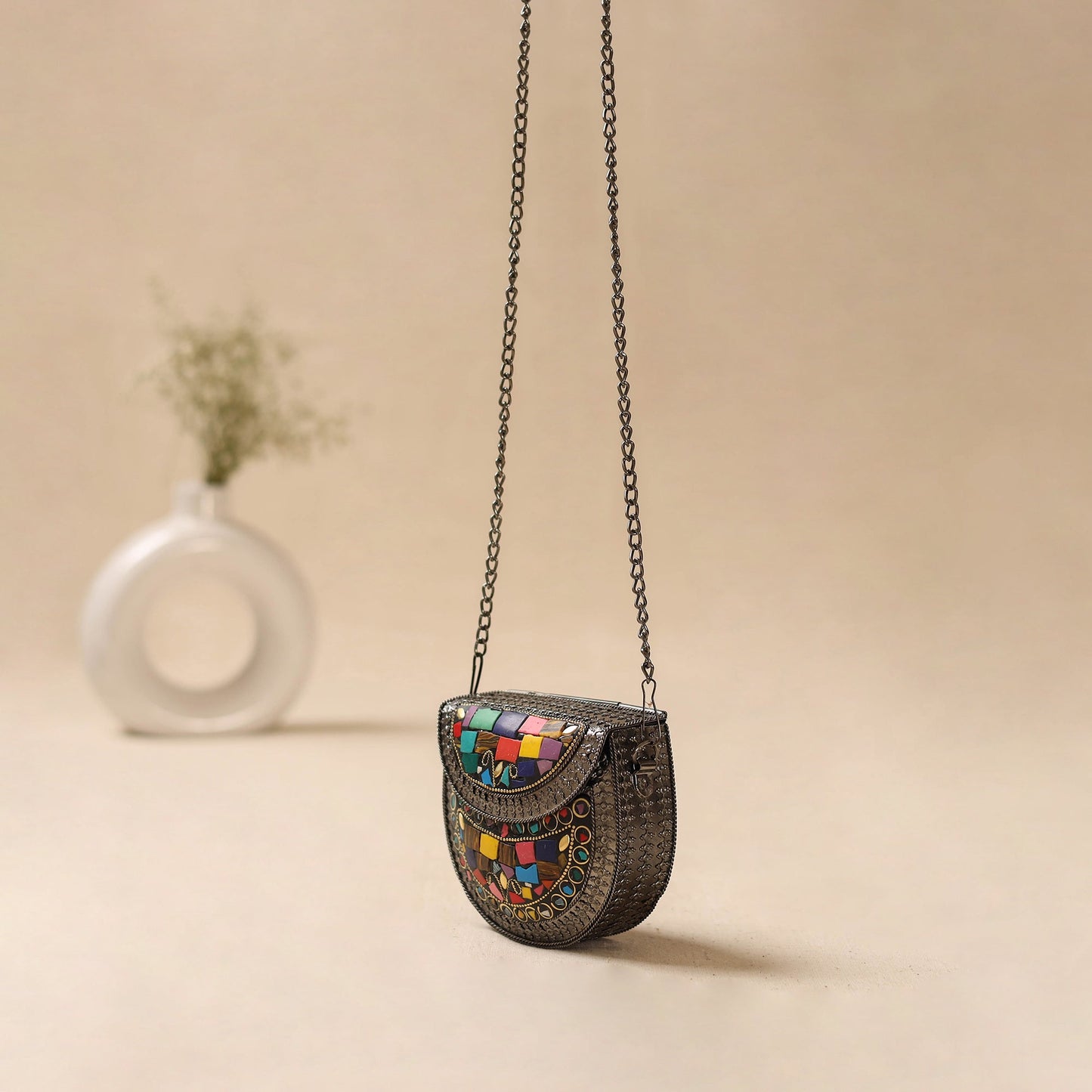 Handmade vintage metal mosaic stone clutch / sling bag 11