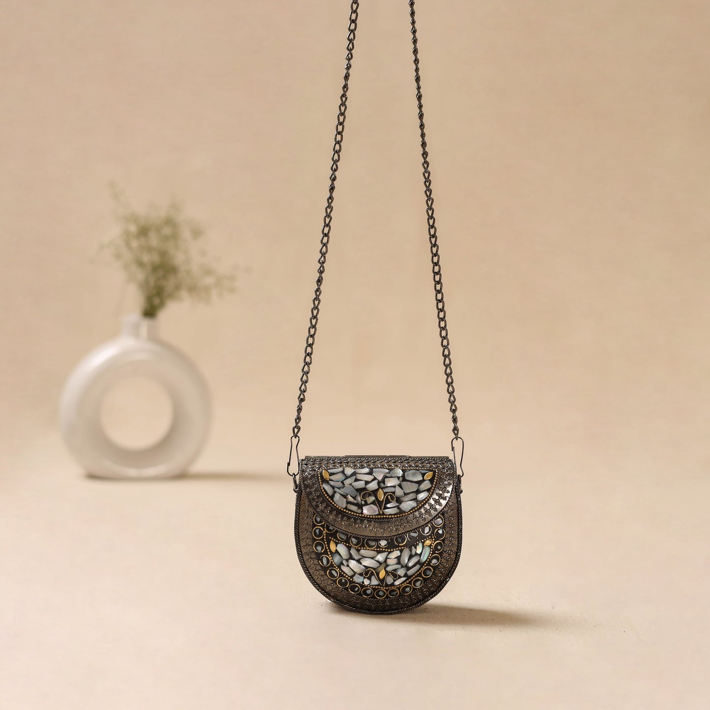 Handmade vintage metal mosaic stone clutch / sling bag 12