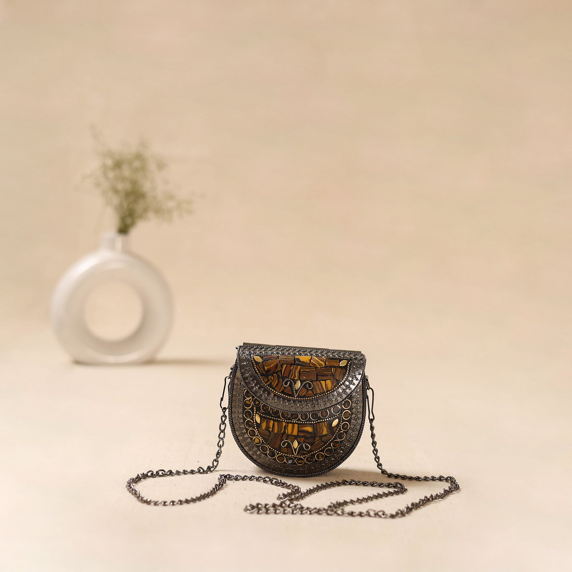 Handmade vintage metal mosaic stone clutch / sling bag 13