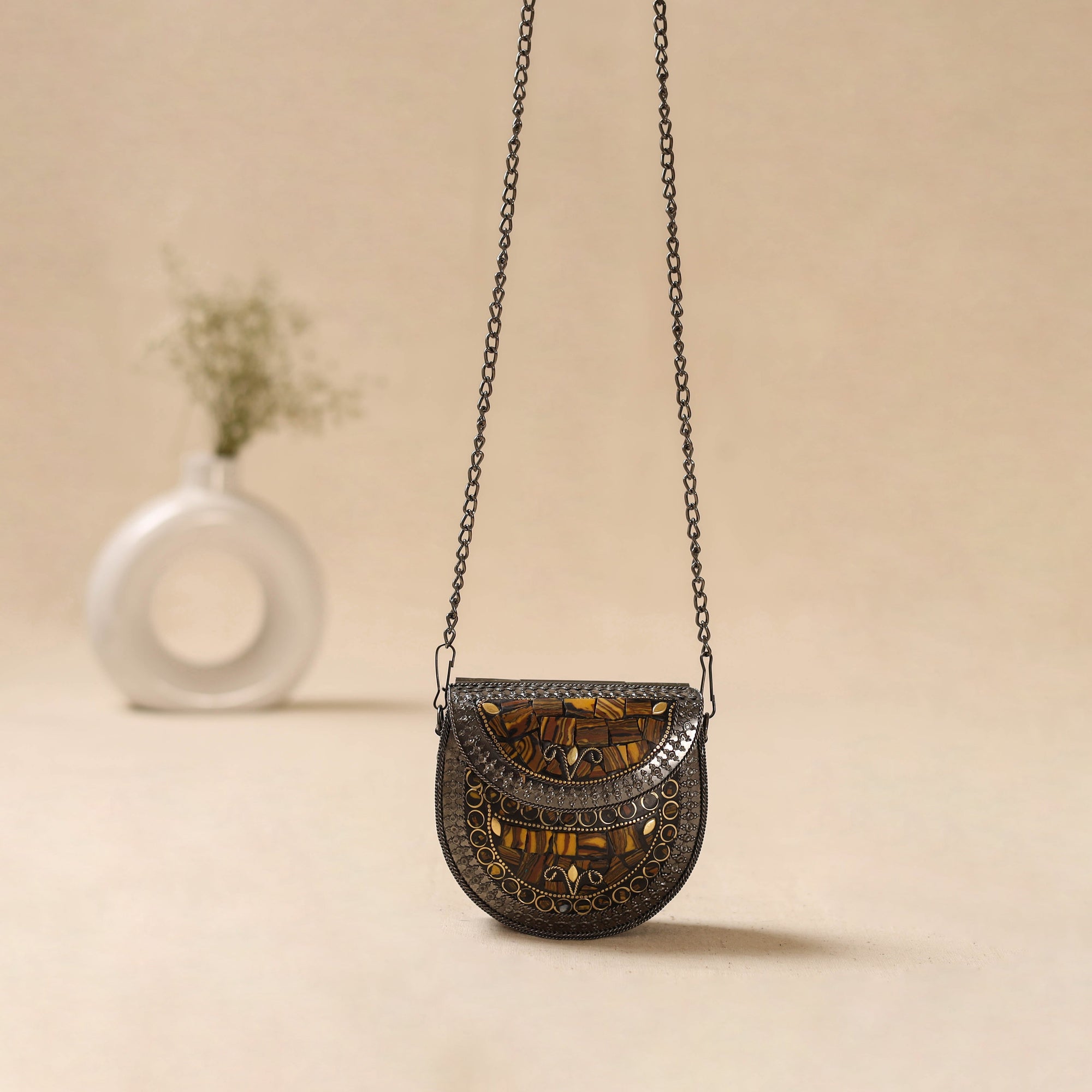 Handmade vintage metal mosaic stone clutch / sling bag 13