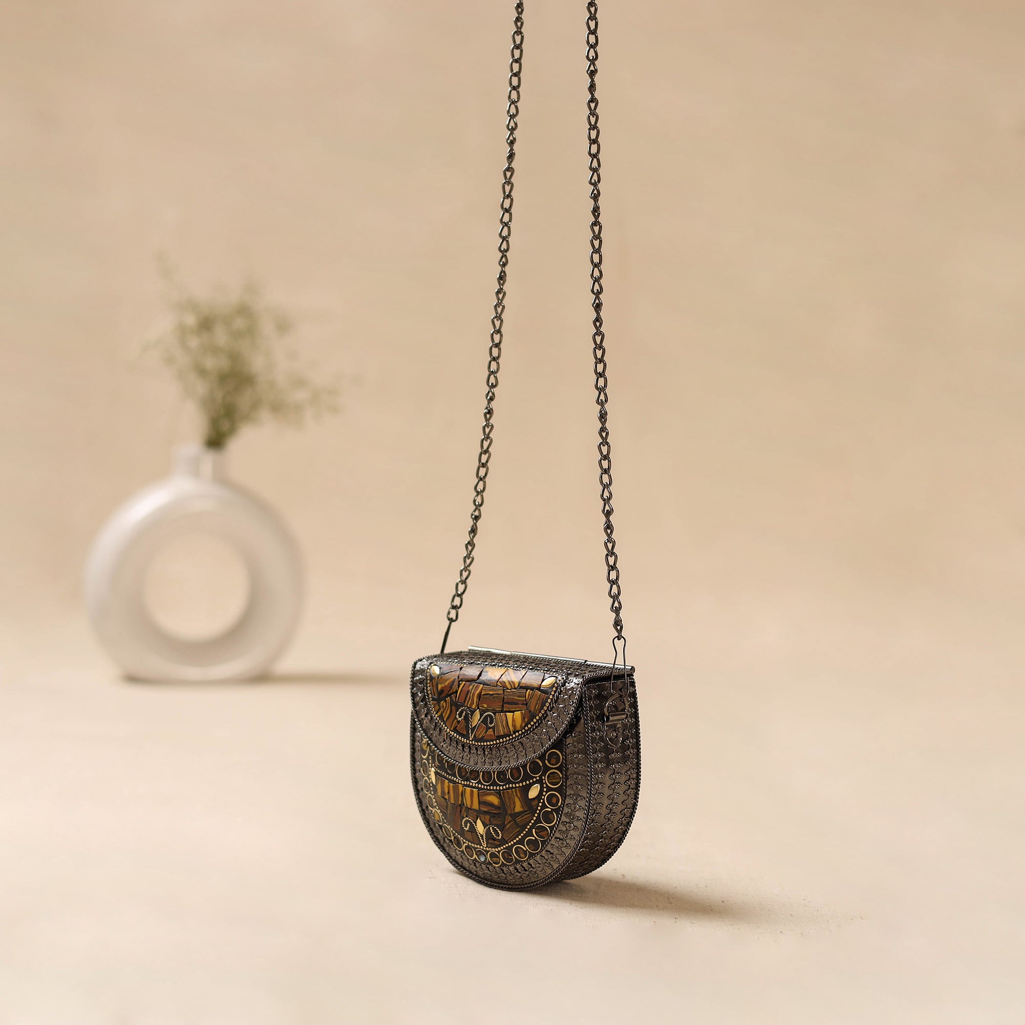 Handmade vintage metal mosaic stone clutch / sling bag 13