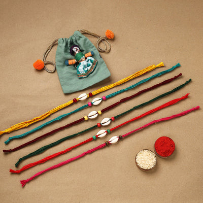 Cowrie - Handmade Wooden Beads Shell Work Rakhi (Set of 6) 164
