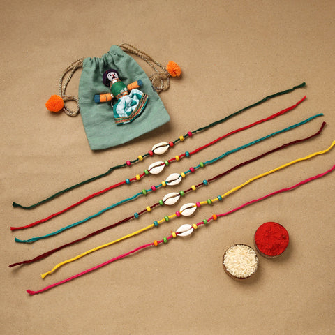 Handmade wooden beads shell work rakhi (set of 6) 165