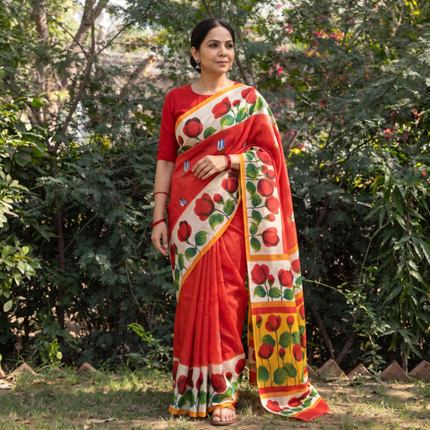 Red Handpainted Bishnupuri Silk Bengal Kantha Embroidery Saree, draped and worn by a woman, AI visual of the saree, iTokri