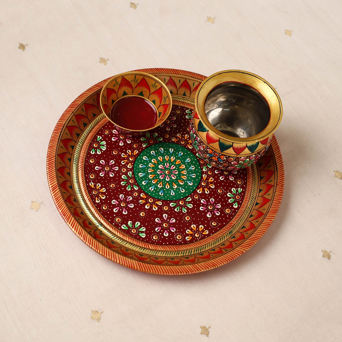  Handpainted Stainless Steel Pooja Thali, Kalash & Bowl