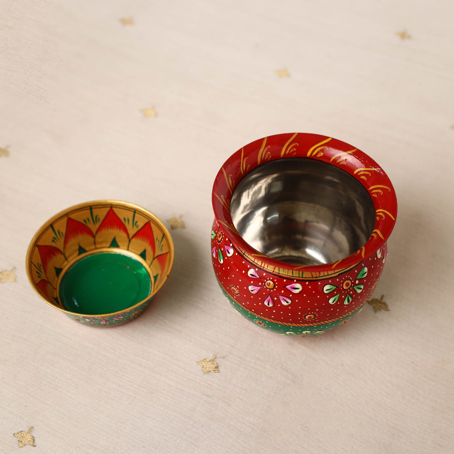  Handpainted Stainless Steel Pooja Thali, Kalash & Bowl