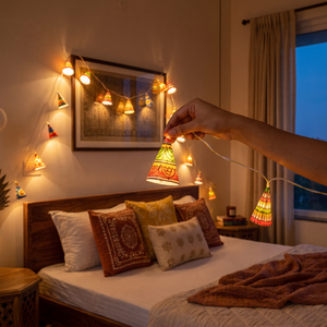 Handpainted Tholu Bommalata Leather Decorative LED Fairy Light (Assorted), lit in a home in the evening, AI visual of the light, iTokri