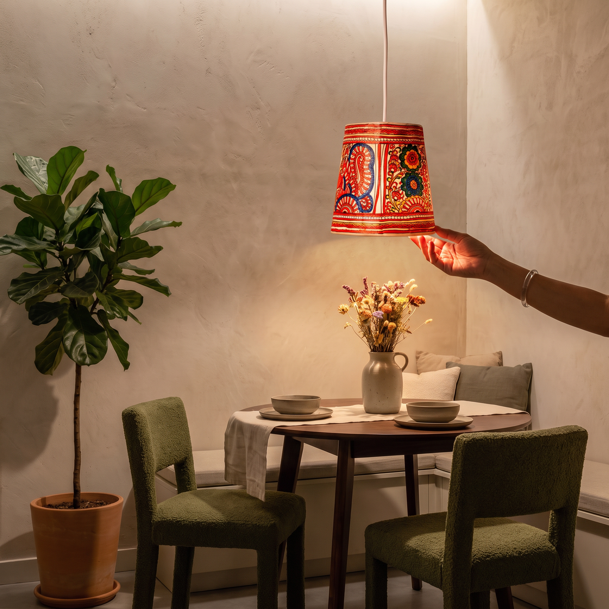 Handpainted Tholu Bommalata Leather Hanging Lamp, lit in a home in the evening, AI visual of the light, iTokri