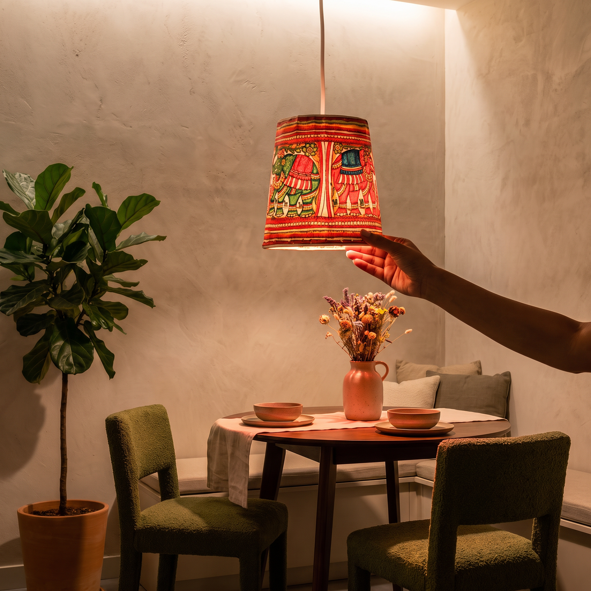 Handpainted Tholu Bommalata Leather Hanging Lamp, lit in a home in the evening, AI visual of the light, iTokri