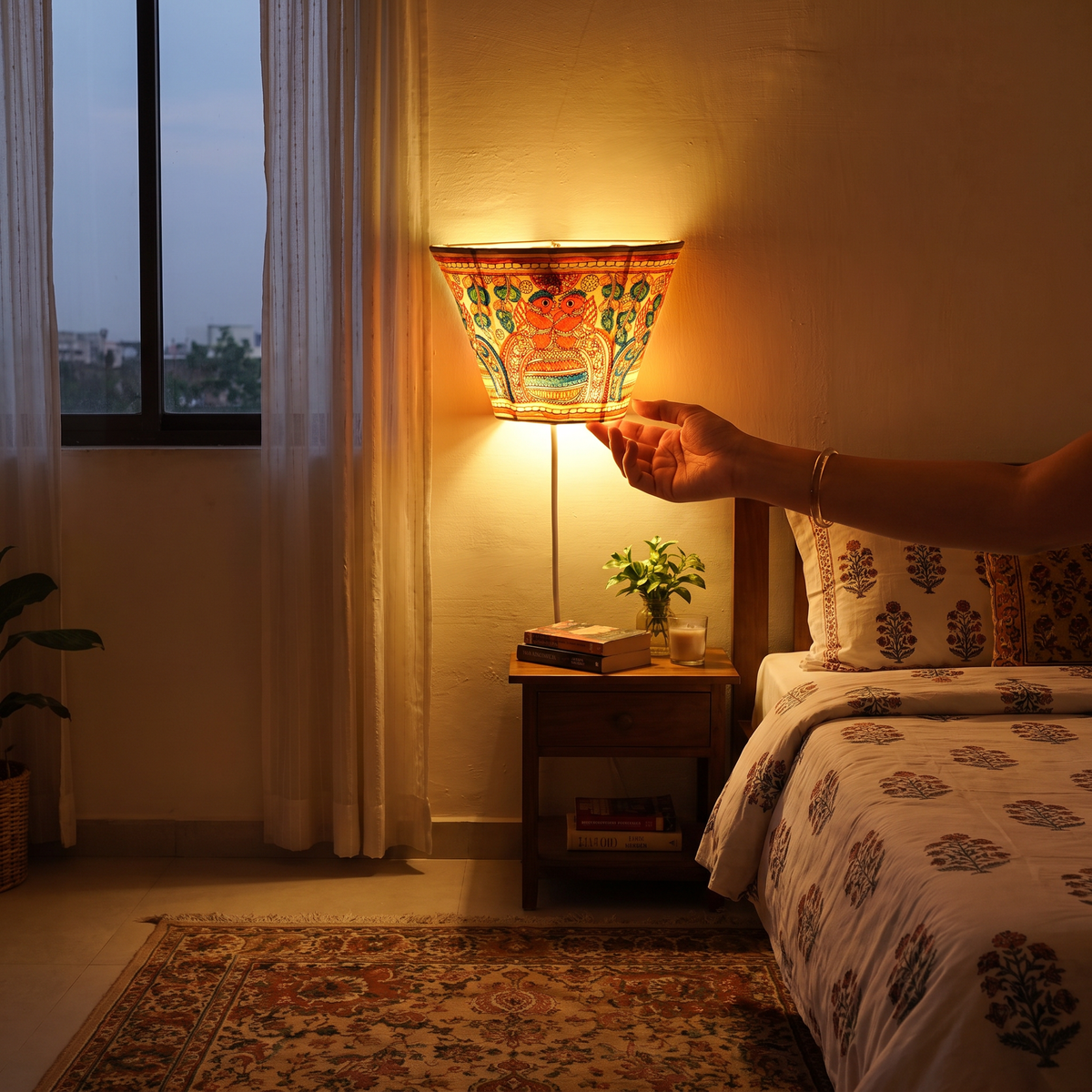 Handpainted Tholu Bommalata Leather Wall Lamp (Small), lit in a home in the evening, AI visual of the light, iTokri