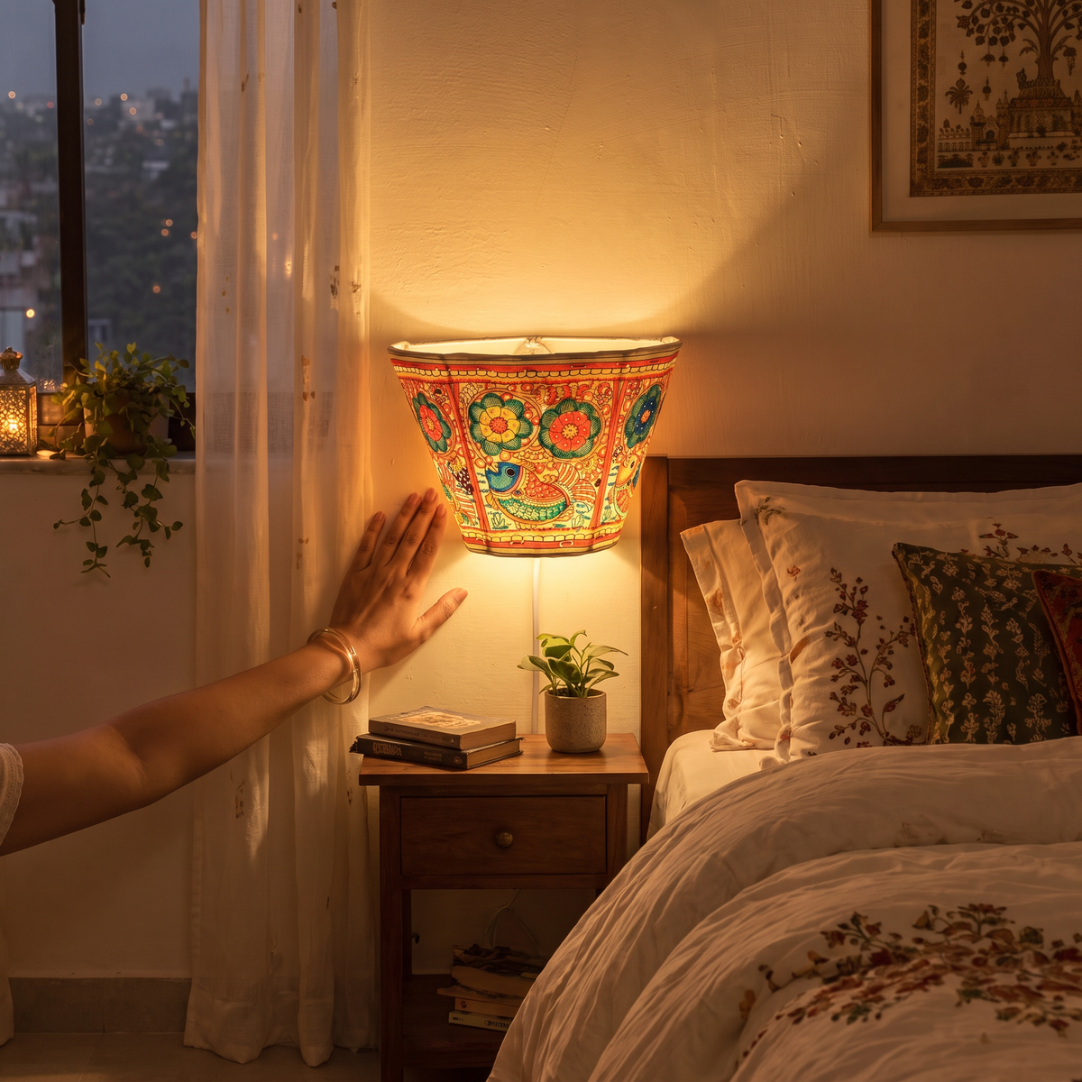 Handpainted Tholu Bommalata Leather Wall Lamp (Small), lit in a home in the evening, AI visual of the light, iTokri