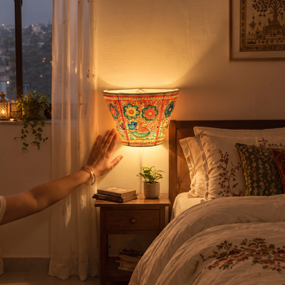 Handpainted Tholu Bommalata Leather Wall Lamp (Small), lit in a home in the evening, AI visual of the light, iTokri