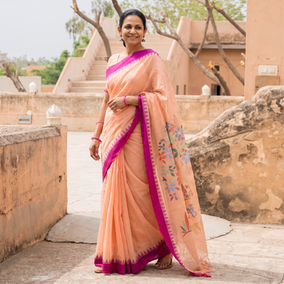 Peach Handspun Handloom Buta Fine Cotton Jamdani Saree, draped and worn by a woman, AI visual of the saree, iTokri