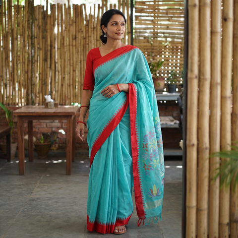 Blue Handspun Handloom Buta Fine Cotton Jamdani Saree, draped and worn by a woman, AI visual of the saree, iTokri