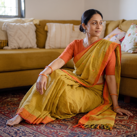 Yellow Handspun Handloom Cotton Srikakulam Jamdani Saree, draped and worn by a woman, AI visual of the saree, iTokri