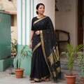 Black Handspun Handloom Full Zari Work Fine Cotton Venkatagiri Saree, draped and worn by a woman, AI visual of the saree, iTokri