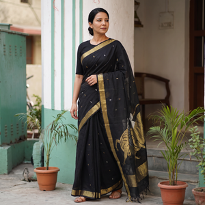Black Handspun Handloom Full Zari Work Fine Cotton Venkatagiri Saree, draped and worn by a woman, AI visual of the saree, iTokri