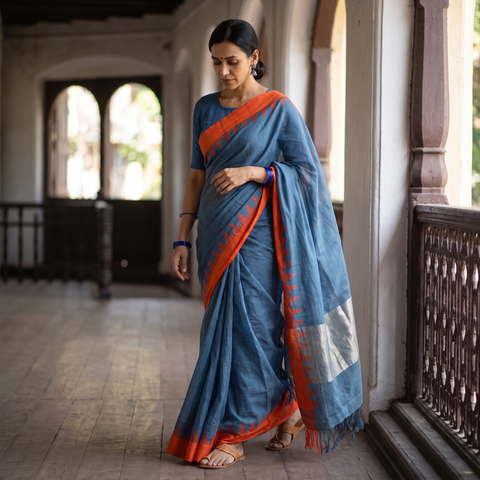 Blue Handspun Handloom Natural Dyed Fine Silk Cotton Saree, draped and worn by a woman, AI visual of the saree, iTokri