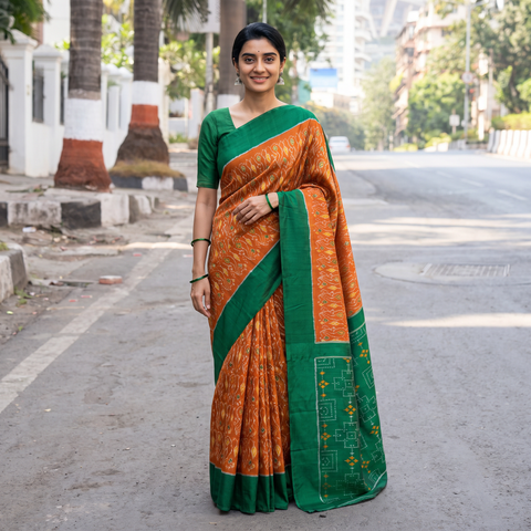 Orange Handspun Handloom Silk Pochampally Ikat Saree, draped and worn by a woman, AI visual of the saree, iTokri