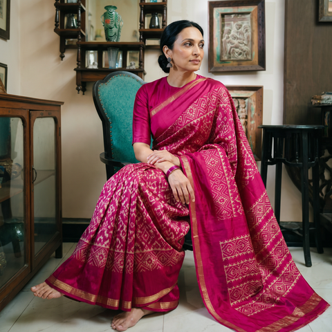 Pink Handspun Handloom Silk Pochampally Patola Ikat Saree with Zari Border, draped and worn by a woman, AI visual of the saree, iTokri