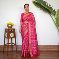 Pink Handspun Handloom Silk Pochampally Patola Ikat Saree with Zari Border, draped and worn by a woman, AI visual of the saree, iTokri