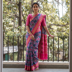 Blue Handspun Handloom Silk Pochampally Patola Ikat Saree with Zari Border, draped and worn by a woman, AI visual of the saree, iTokri