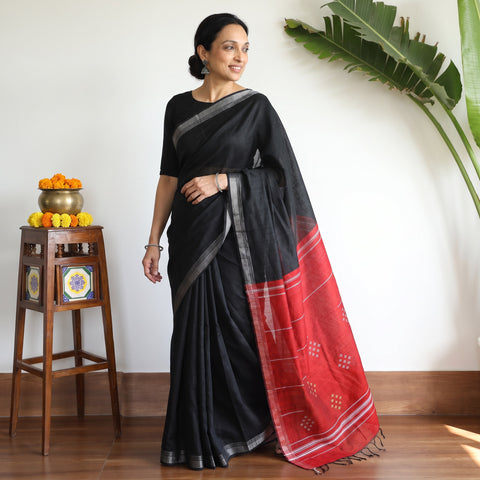 Black Handspun Handwoven Bhagalpuri Desi Tussar Silk Saree, draped and worn by a woman, AI visual of the saree, iTokri