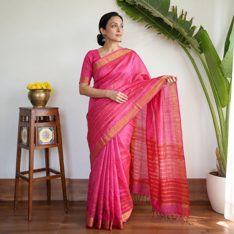 Pink Handspun Handwoven Bhagalpuri Tussar Silk Saree, draped and worn by a woman, AI visual of the saree, iTokri