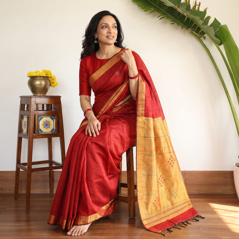 Red Handspun Handwoven Bhagalpuri Tussar Silk Saree, draped and worn by a woman, AI visual of the saree, iTokri