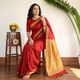 Red Handspun Handwoven Bhagalpuri Tussar Silk Saree, draped and worn by a woman, AI visual of the saree, iTokri