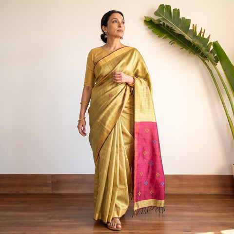 Yellow Handspun Handwoven Bhagalpuri Tussar Silk Saree, draped and worn by a woman, AI visual of the saree, iTokri