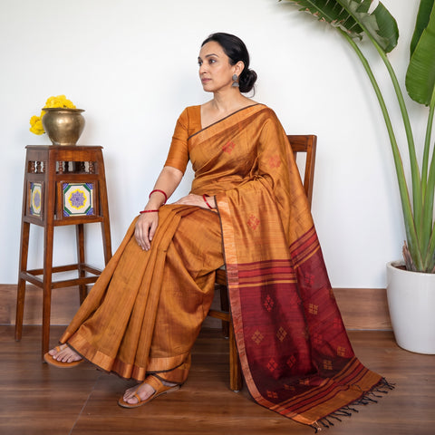 Orange Handspun Handwoven Bhagalpuri Tussar Silk Saree, draped and worn by a woman, AI visual of the saree, iTokri