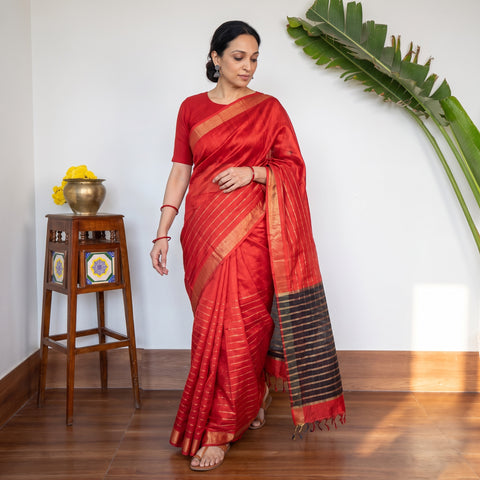 Red Handspun Handwoven Bhagalpuri Tussar Silk Saree, draped and worn by a woman, AI visual of the saree, iTokri